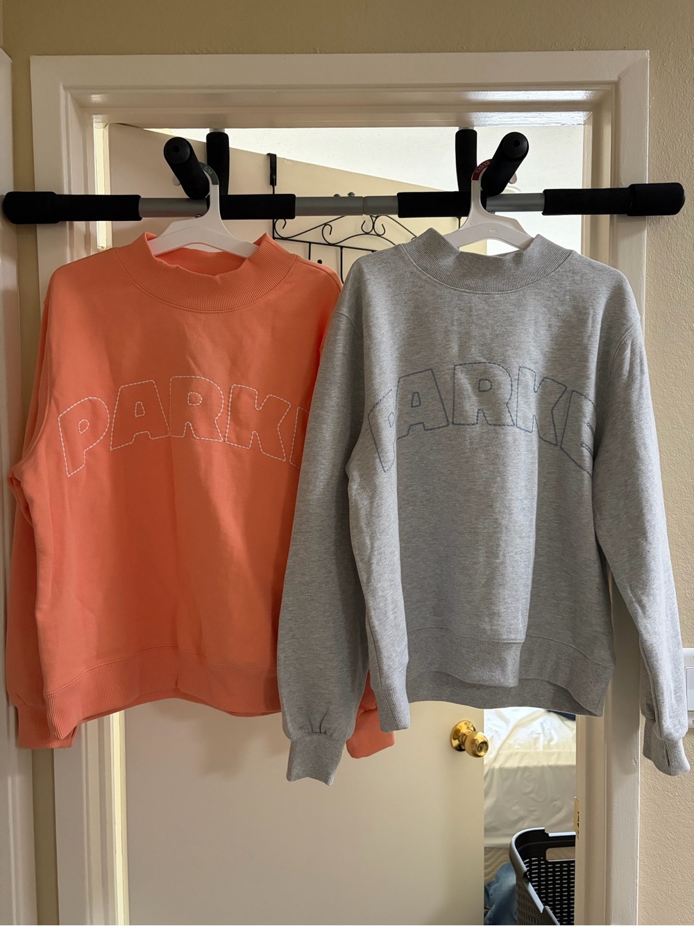 Parke x target peach orange and gray mockneck sweatshirts
